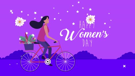 happy womens day lettering card with woman in bicycle