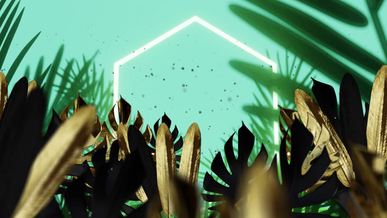 Animation of neon hexagon frame over tropical leaves on green background