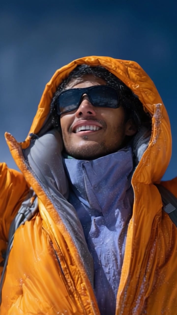 Happy Mountaineer in Orange Jacket Smiling at High Altitude