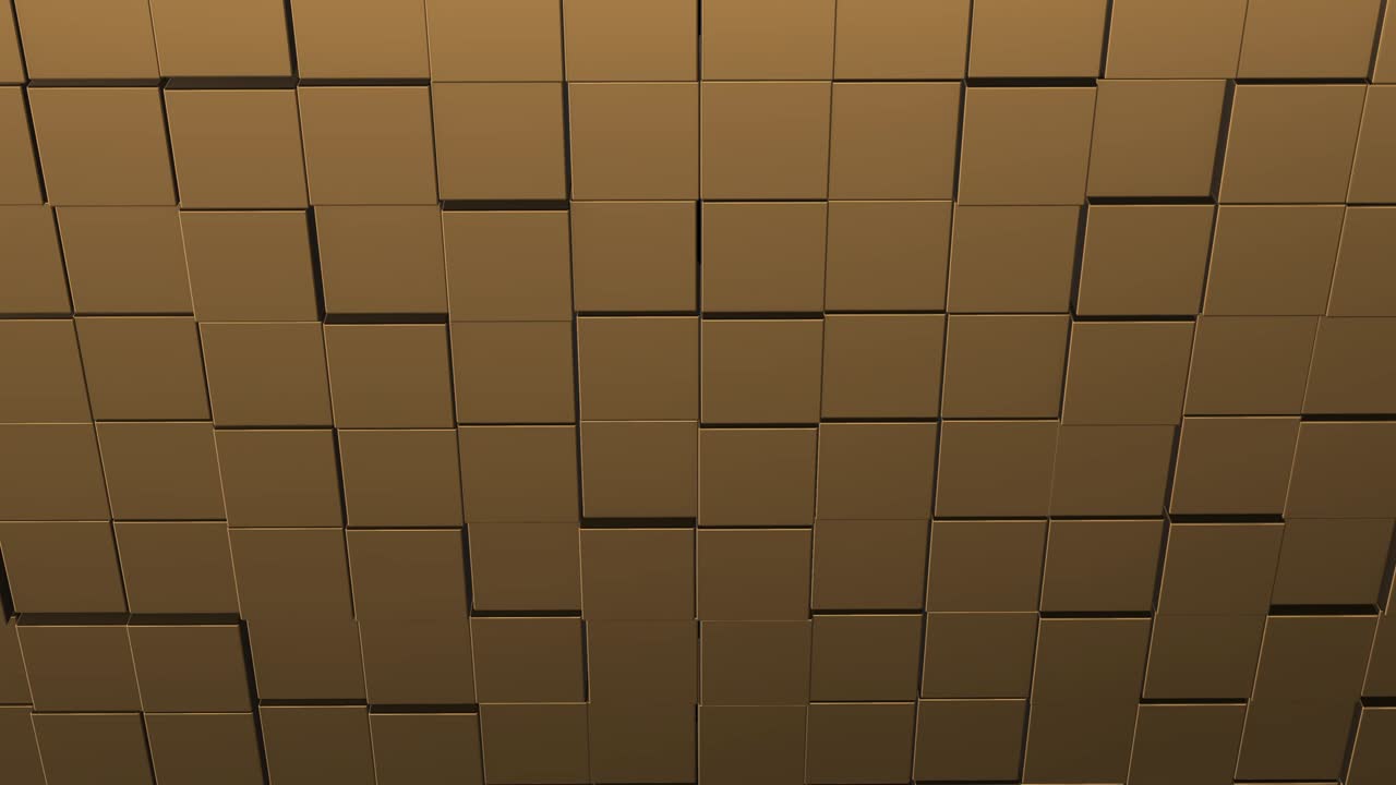 una pared móvil de cubos marrones que giran y se alejan.
