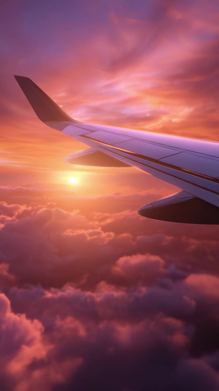 Vista Mozzafiato del Tramonto Catturata da un'Ala di Aereo Sopra le Nuvole, Evidenziando i Bellissimi Colori del Crepuscolo nel Cielo tra una Soffice Copertura Nuvolosa