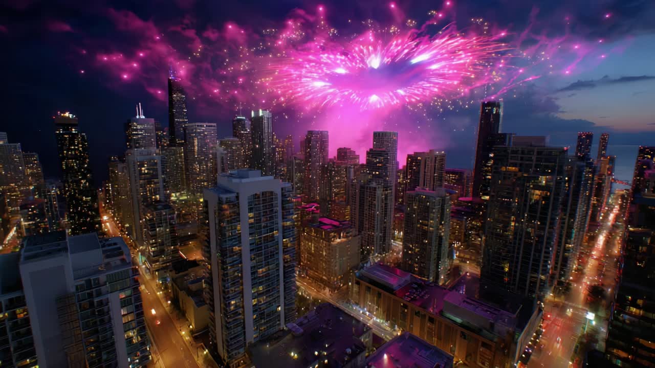 An awe-inspiring display of vibrant fireworks bursting in the night sky above a bustling urban skyline, showcasing a mesmerizing blend of colors illuminating the cityscape during a festive celebration