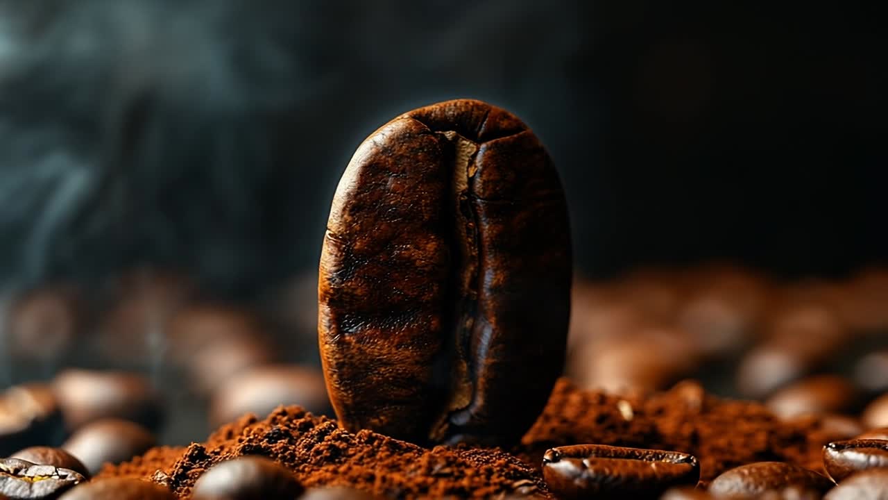 Dark coffee bean atop ground coffee. A single roasted coffee bean stands prominently on a mound of finely ground coffee, exuding a rich aroma.