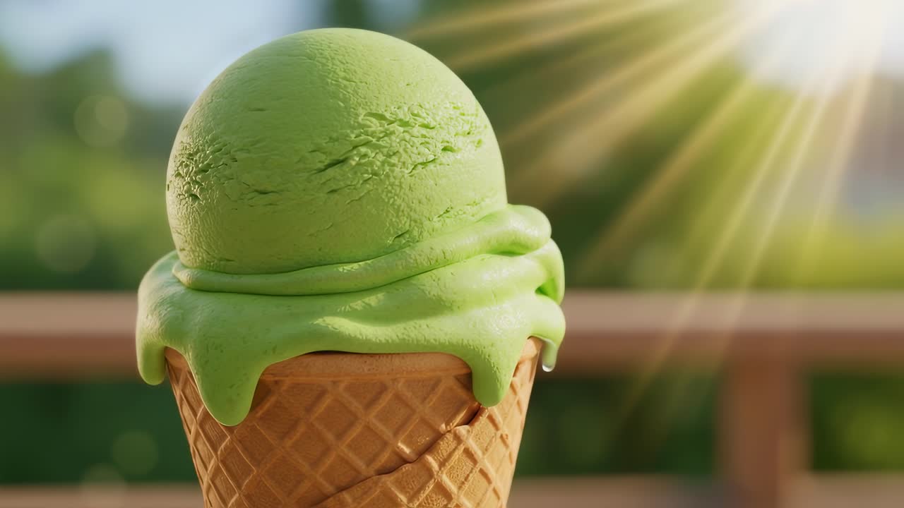 Savoring a delicious and refreshing green ice cream cone while soaking up the warm sunshine outdoors on a beautiful day