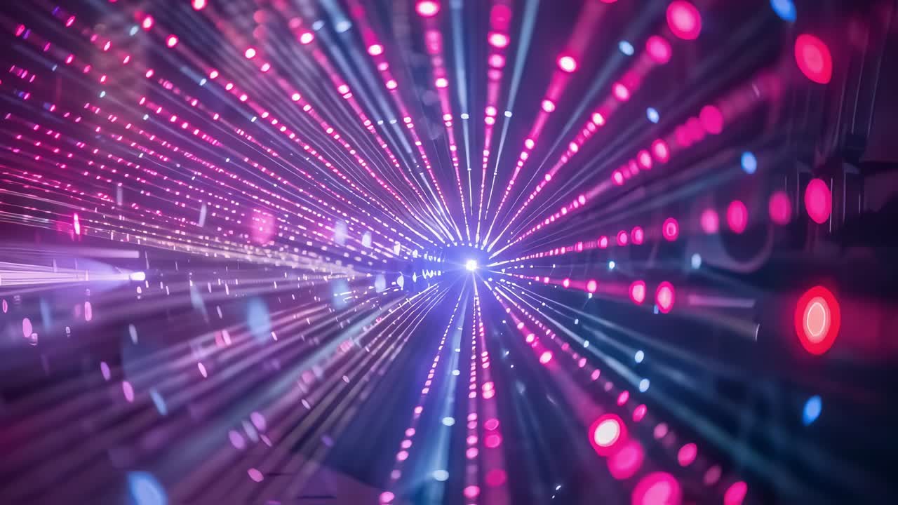 Luminous pink and purple light streaks dynamically converging towards a radiant center, creating immersive visual experience within dark tunnel environment, generating mesmerizing optical illusion