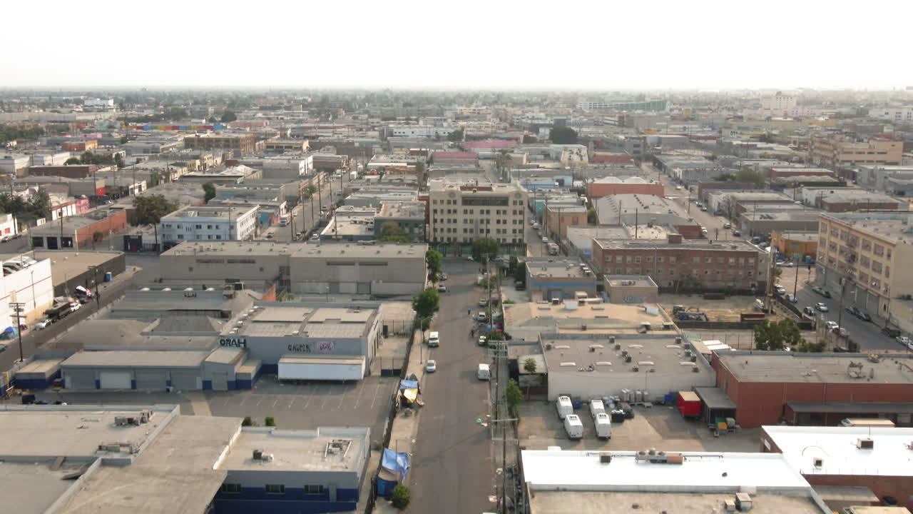 Aerial view of an urban industrial area with streets and buildings in Los Angeles