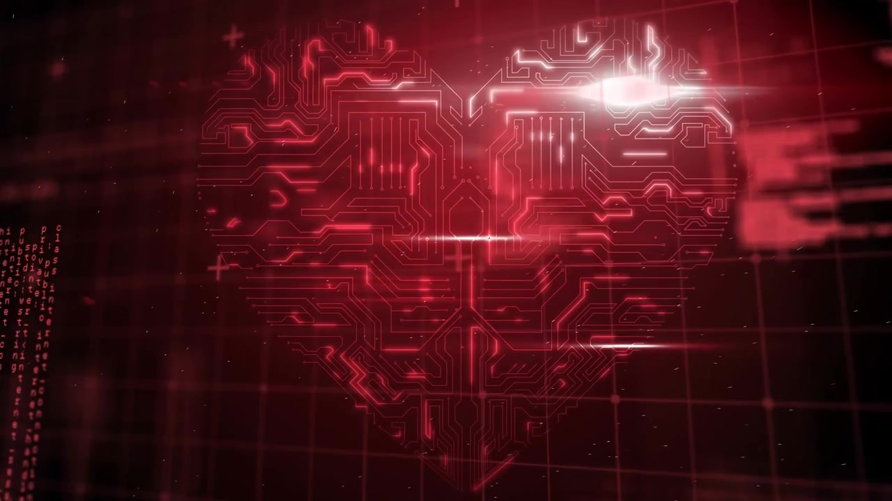 Animation of data processing over computer circuit board in heart shape