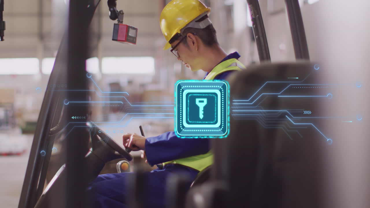 창고에서 타 트럭을 사용하는 아시아 남성 노동자 위의 키 아이콘의 애니메이션