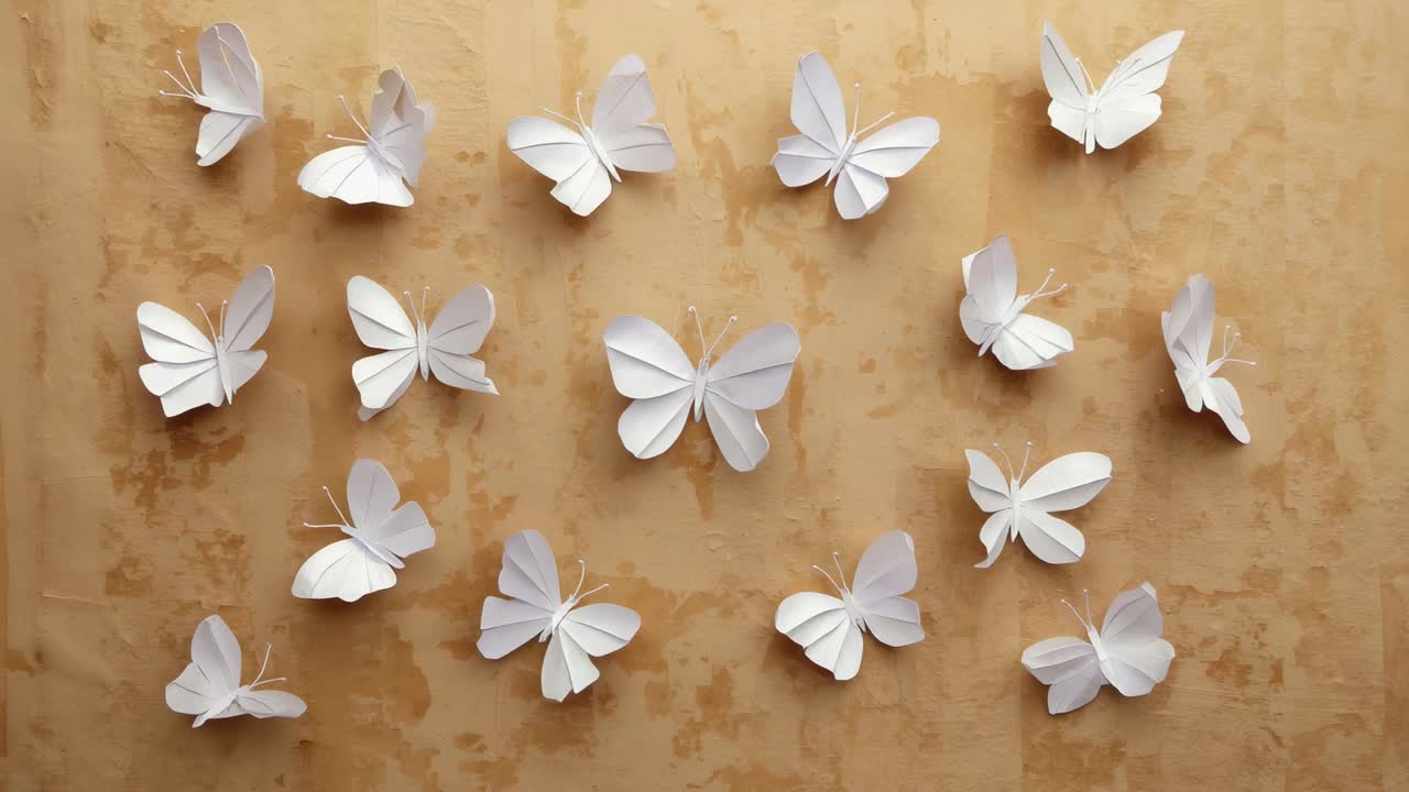 Gruppo di farfalle di carta che muovono le ali su una parete beige ruvida, illuminate dalla luce in alto a sinistra