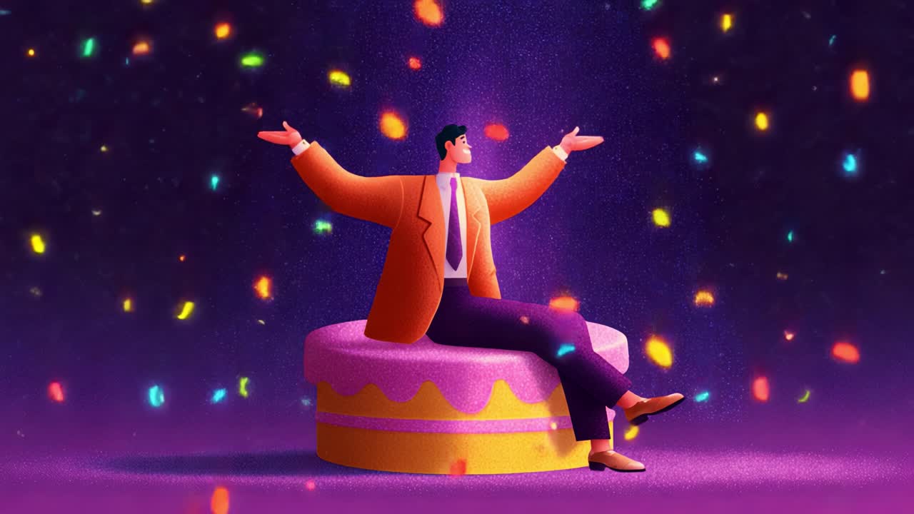 A joyous celebration unfolds as a well-dressed man sits on a vibrant cake, joyfully embracing an explosion of colorful confetti and sparkling lights around him in a surreal atmosphere