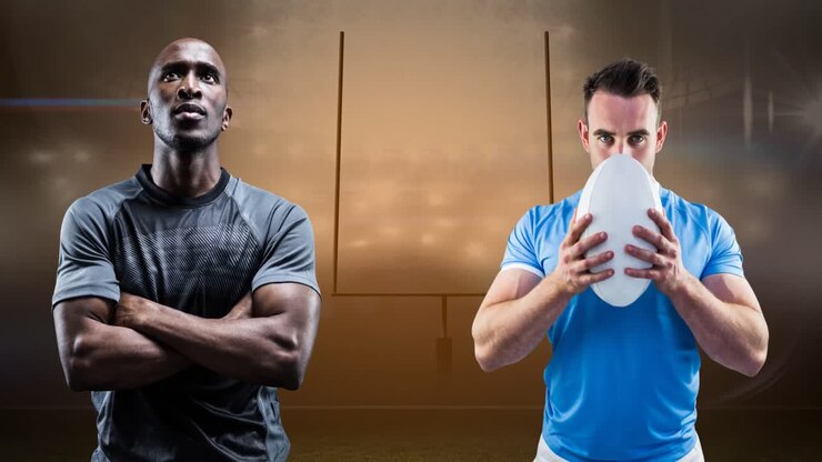 Animazione di diversi giocatori di rugby maschi su uno stadio