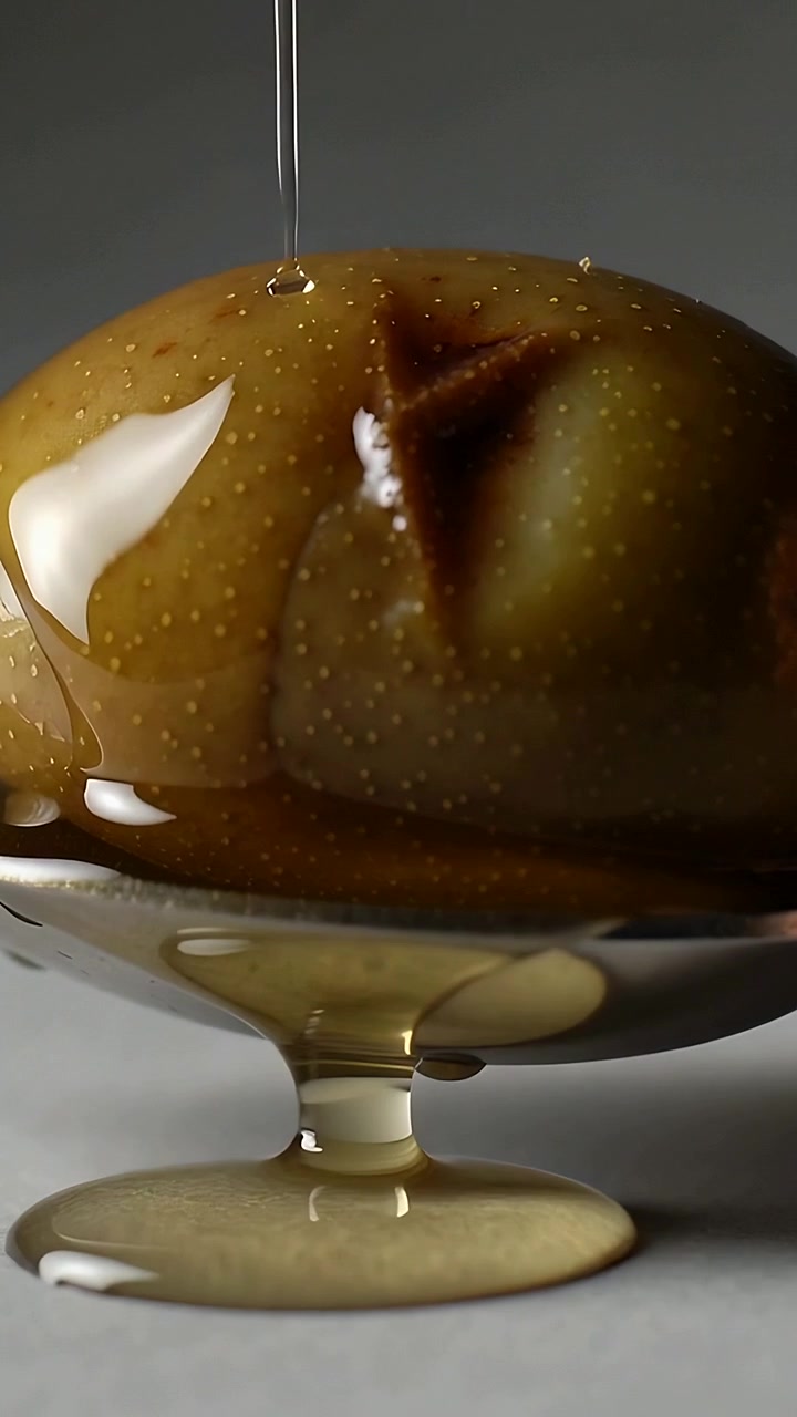 Vertical video: Dripping pipette coating pear on studio table, glazing with amber syrup in spoon