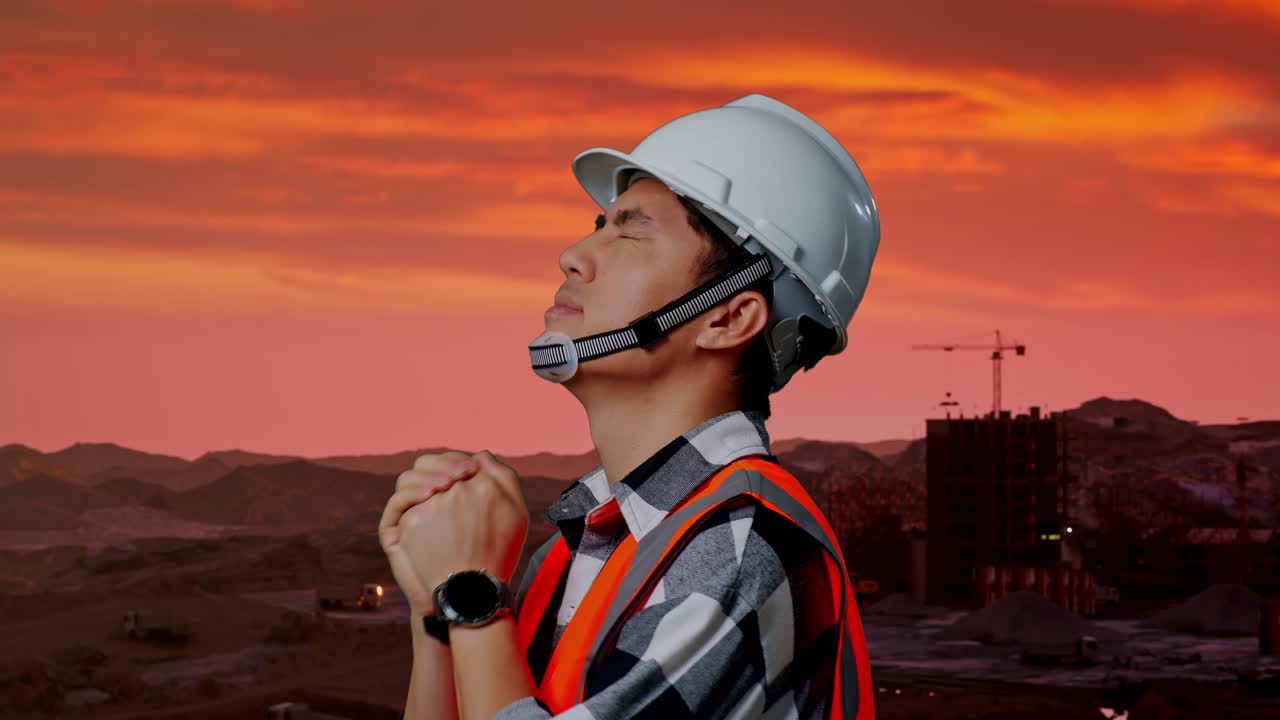 trabajador de la construcción orando al atardecer