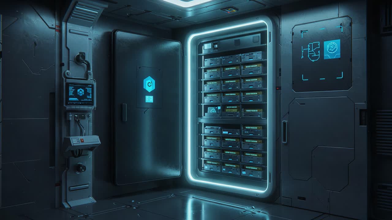 Futuristic Data Storage Room Featuring Advanced Technology and Neon Accents in a Modern Sci-Fi Environment