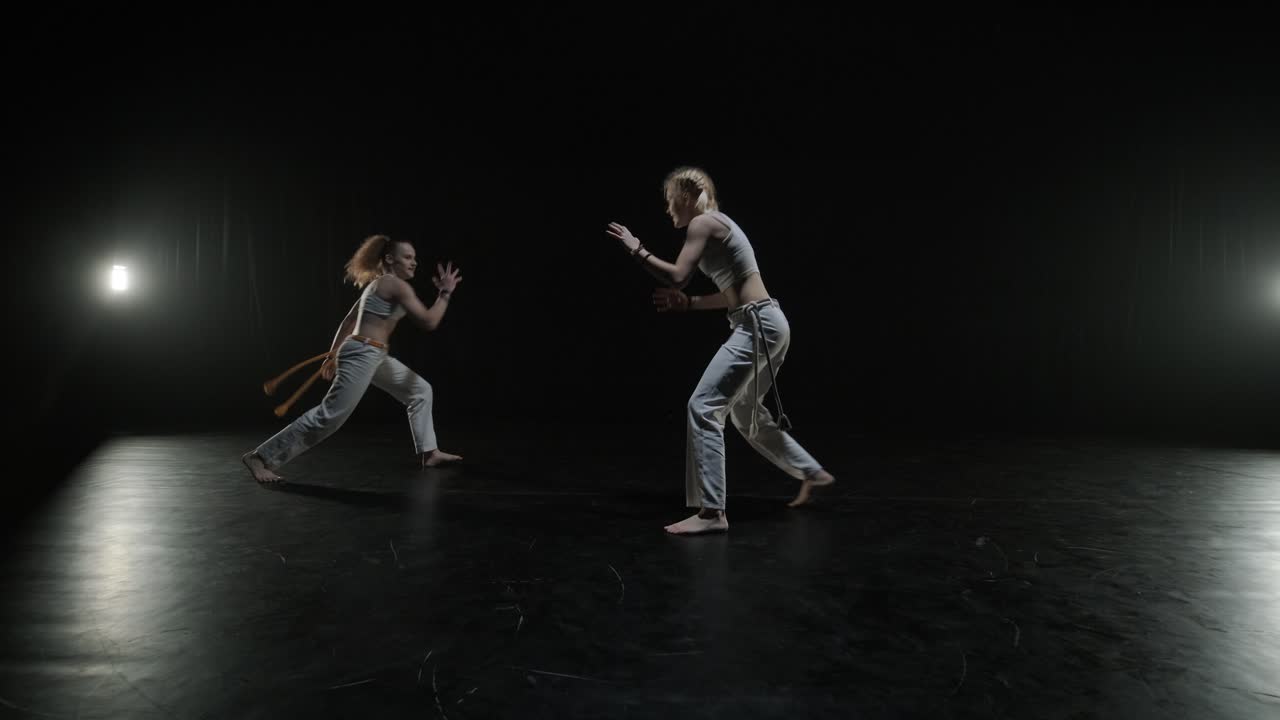 actuación de capoeira por dos mujeres jóvenes