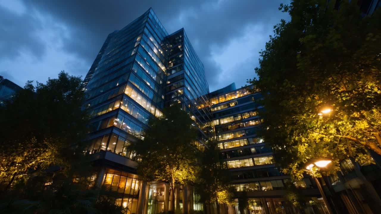Arquitetura urbana deslumbrante ao entardecer: fachadas de vidro reluzentes refletindo as luzes noturnas em um complexo de escritórios contemporâneo cercado por vegetação exuberante