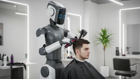 a futuristic haircut experience: autonomous robot barber styling a customer's hair in a modern salon environment with advanced technology and sleek design