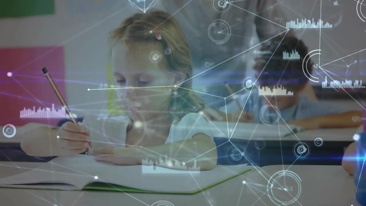 Teacher moving round desks urging class writing as education HUD showing data nodes over workbooks