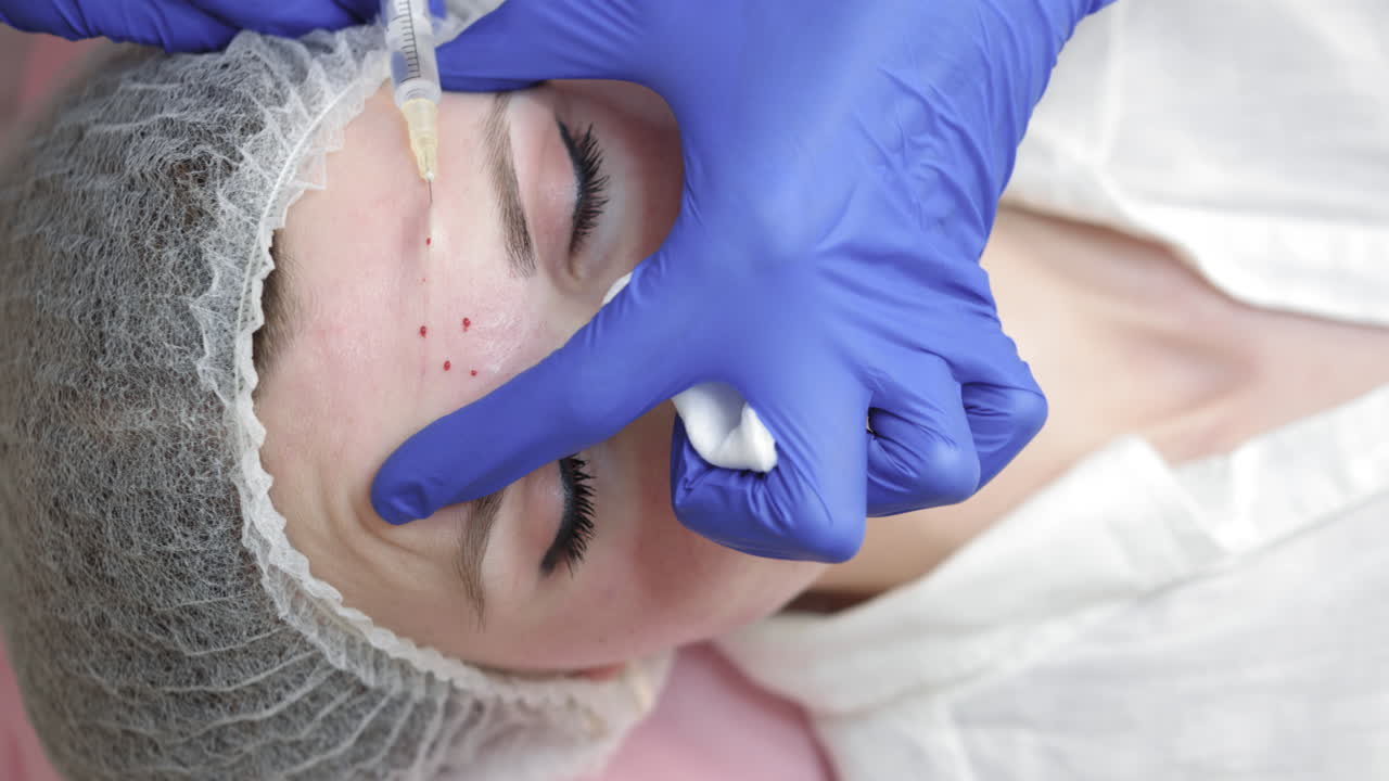 Closeup of hands of beautician making beauty injections of to young pretty woman in cosmetology
