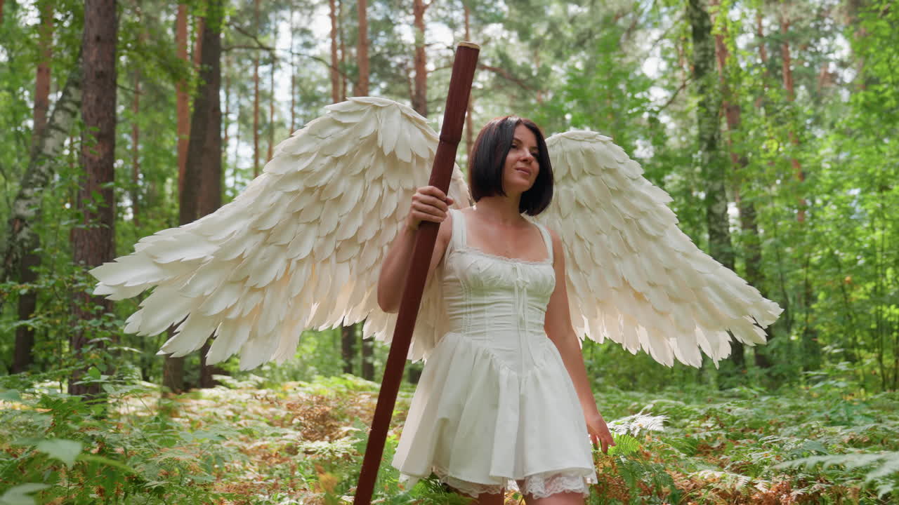 Forest guardian with white feather wings dressed in white gown walking through sunlit forest holding wooden staff gently admiring green flower with peaceful smile surrounded by trees ferns