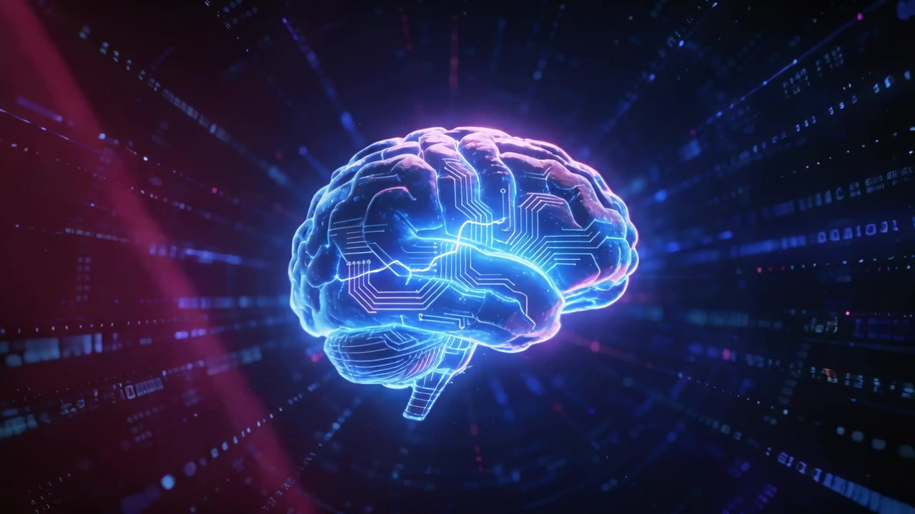 Rotating hologram brain pulsing in network as pink beam sweeping, lighting circuitry for data flow