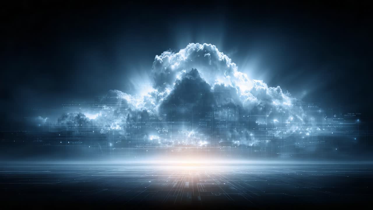 A Stunning Visualization of a Digital Cloud Formation Glowing in the Dark with Shimmering Illustrations of Light and Technology in the Background