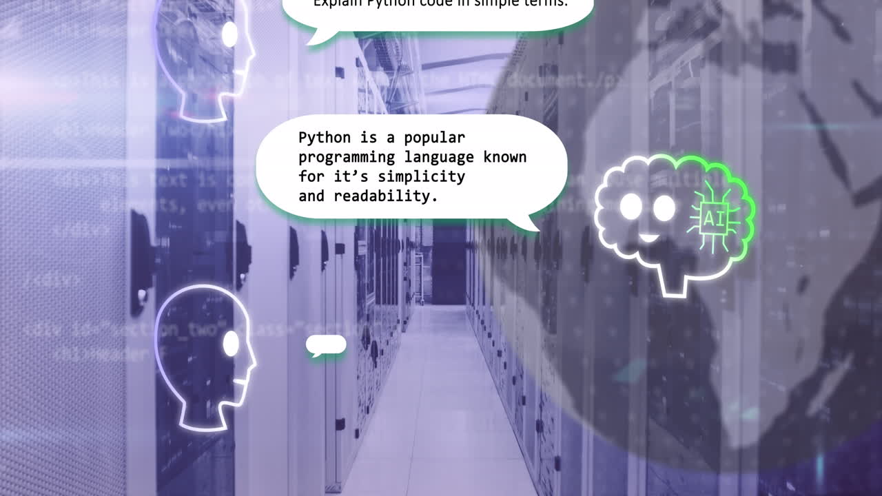 Animation of ai chat and globe over computer server room