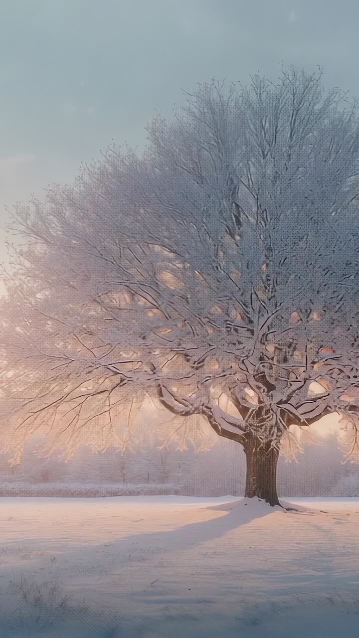 Vertical video: Emerging dawn light illuminating frosted tree in snowy field, with drifting snow