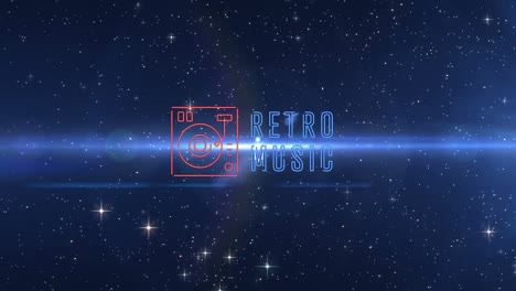 animación de música retro con icono de reproductor de discos de vinilo sobre estrellas brillantes contra un fondo azul