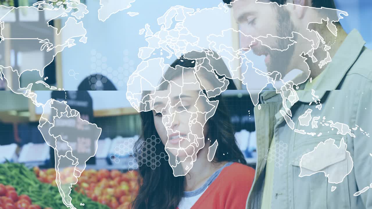 Woman holding bell pepper, list sparking man pointing map overlay spanning faces selecting food