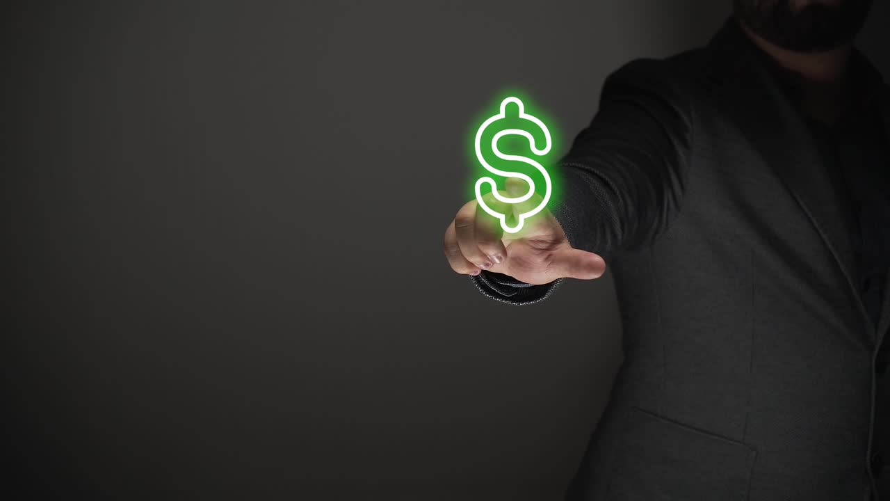 earnings concept. business person shows money sign hologram