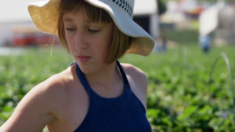 chica recogiendo fresas en la granja 4k
