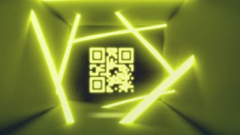 Animation-of-neon-qr-code-moving-in-green-digital-space