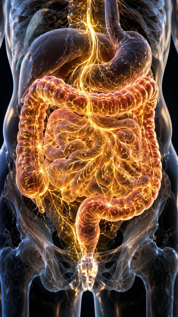 Front-facing anatomical view shows stomach, small intestine and large intestine illuminated by warm orange light, with shifting bright points tracing branching pathways through translucent torso.