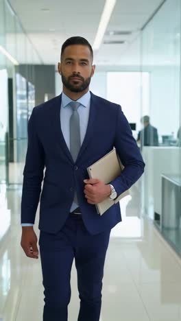 a man in a suit and tie walks down a hallway with a tablet in his hand
