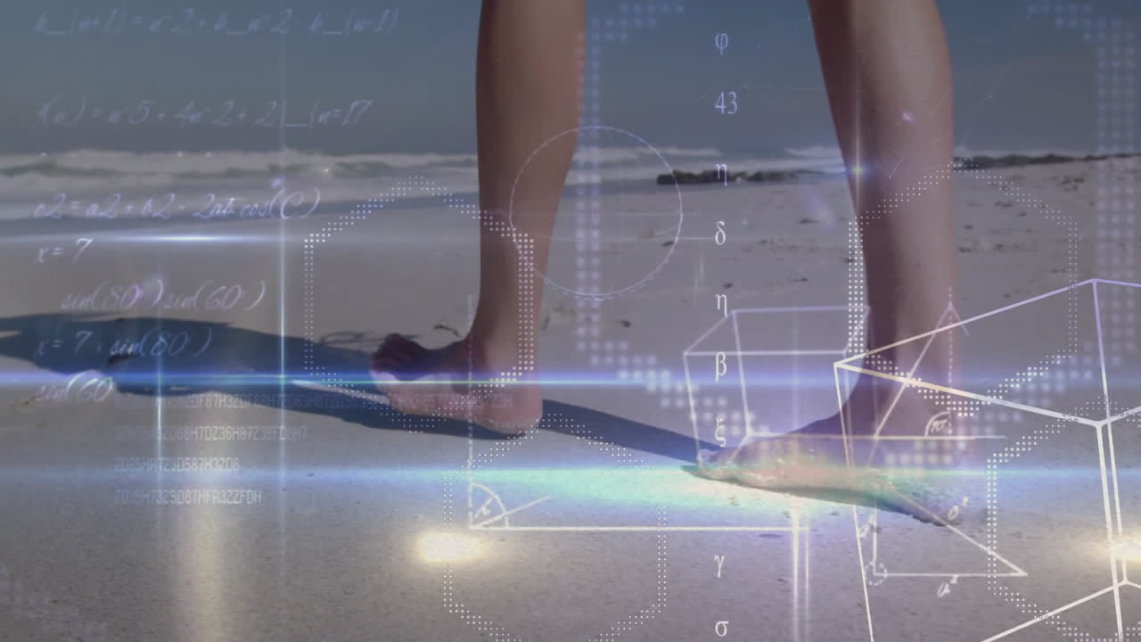Mathematical equations and geometric shapes animation over person standing on beach