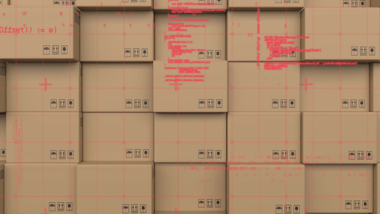 배경의 상자 스택에 대항하여 그리드 네트워크를 통해 데이터 처리