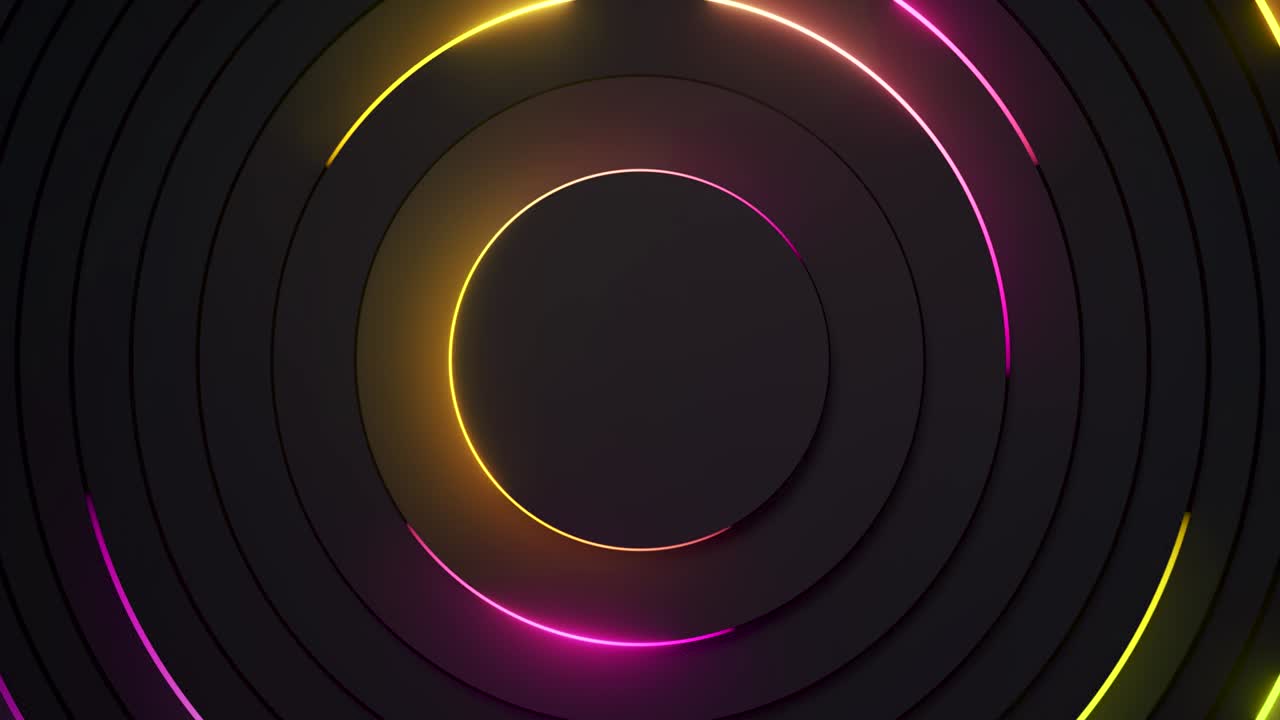 fondo de neón radial abstracto. líneas de neón láser se mueven en un círculo a lo largo de una geometría circular oscura. fondo de tecnología conceptual. espectro de luz rosa amarillo. animación 3d de bucle sin costuras