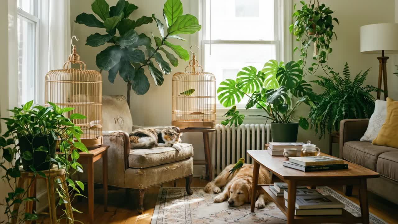 Katt och hund sover fridfullt i ett mysigt vardagsrum med fåglar