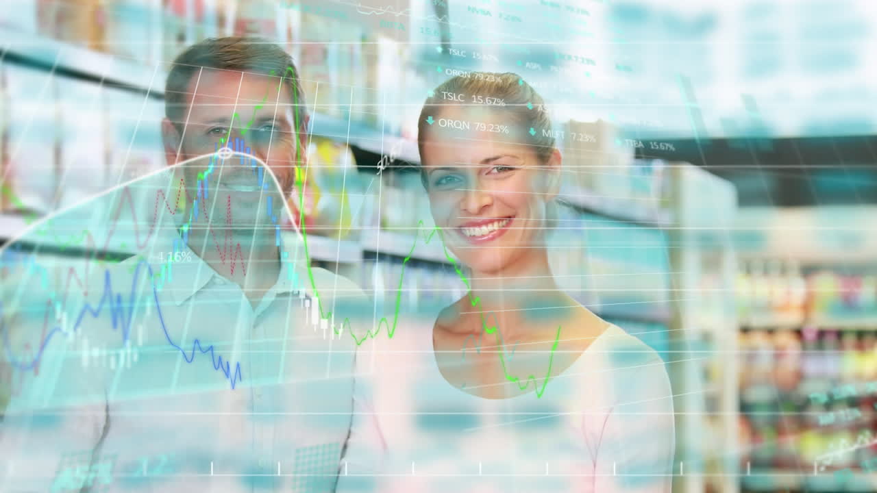 식료품 가게에서 미소 짓는 커플에 대한 금융 데이터 처리