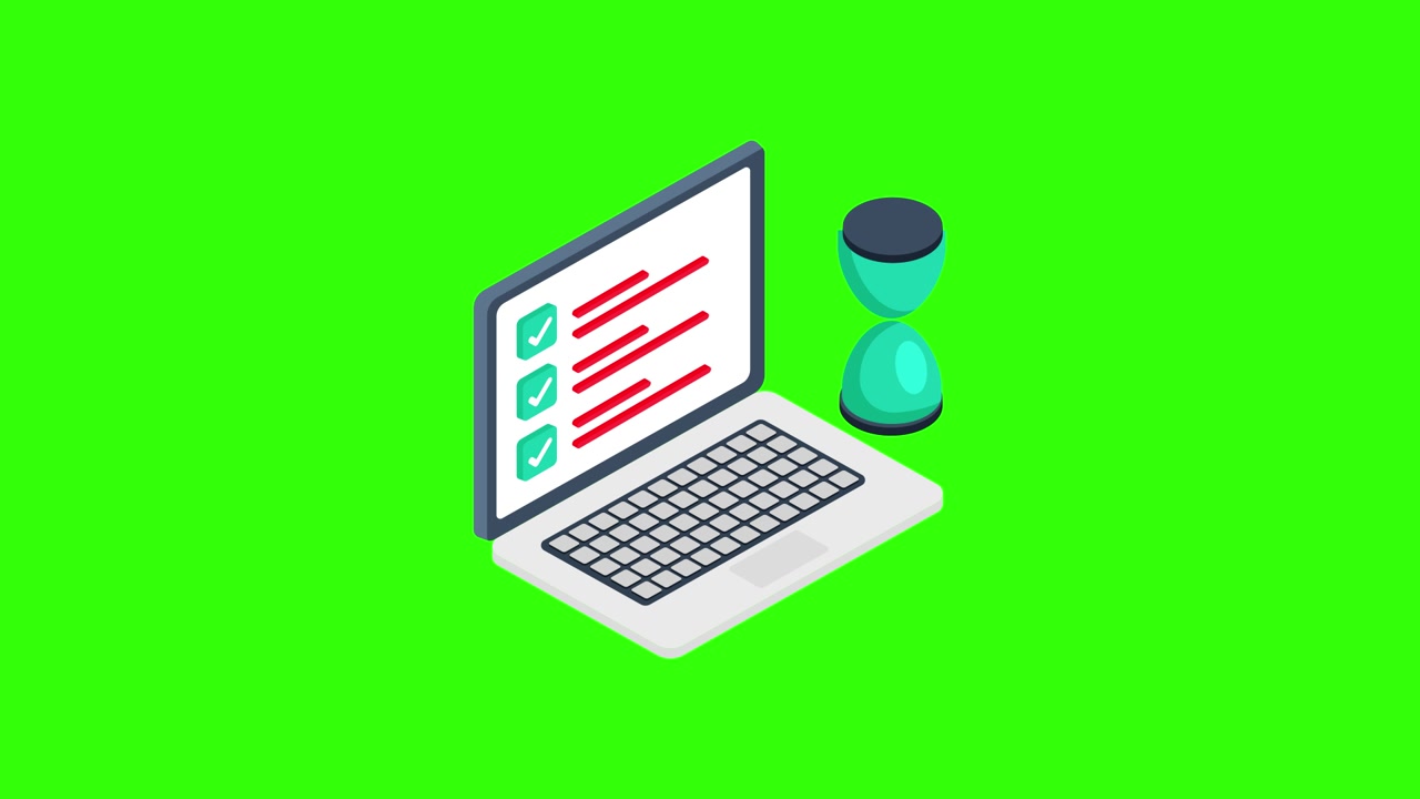 Animazione isometrica di laptop con checklist e clessidra su schermo verde
