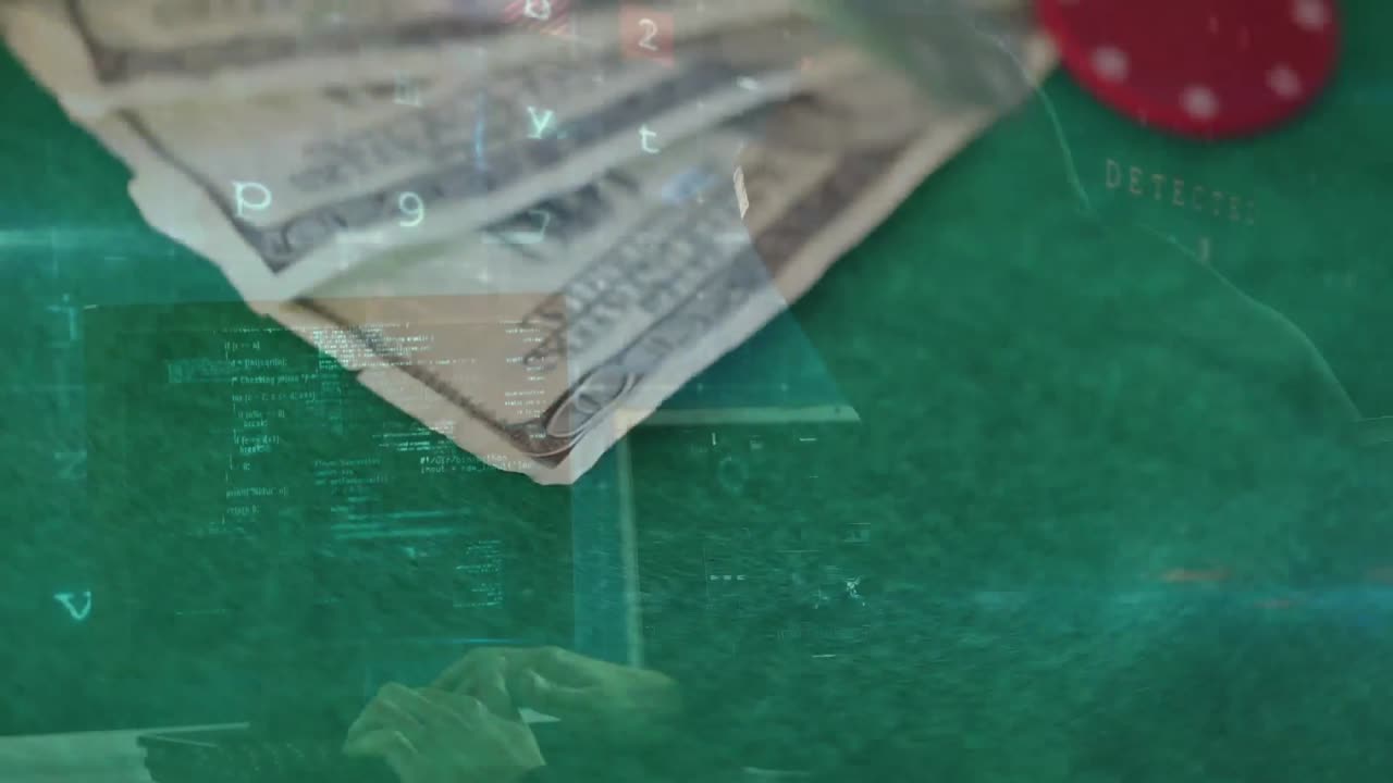 변화하는 숫자의 애니메이션과 떨어지는 달러 지폐와 토큰에 대한 바이러스 경보