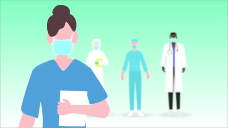 animation of a doctor wearing a face mask with medical personnel standing on green background.