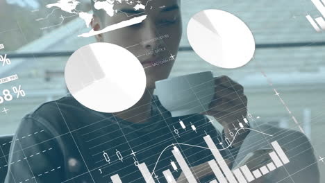 animation of statistics and data processing over man using smartphone