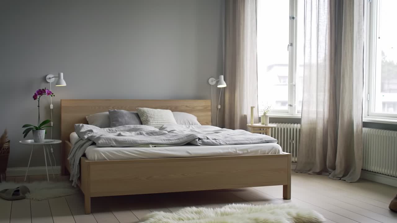 A Serene and Cozy Bedroom Design Featuring a Wooden Bed, Soft Bedding, and Elegant Curtains Perfect for Relaxation and Rest in a Stylishly Minimalist Space