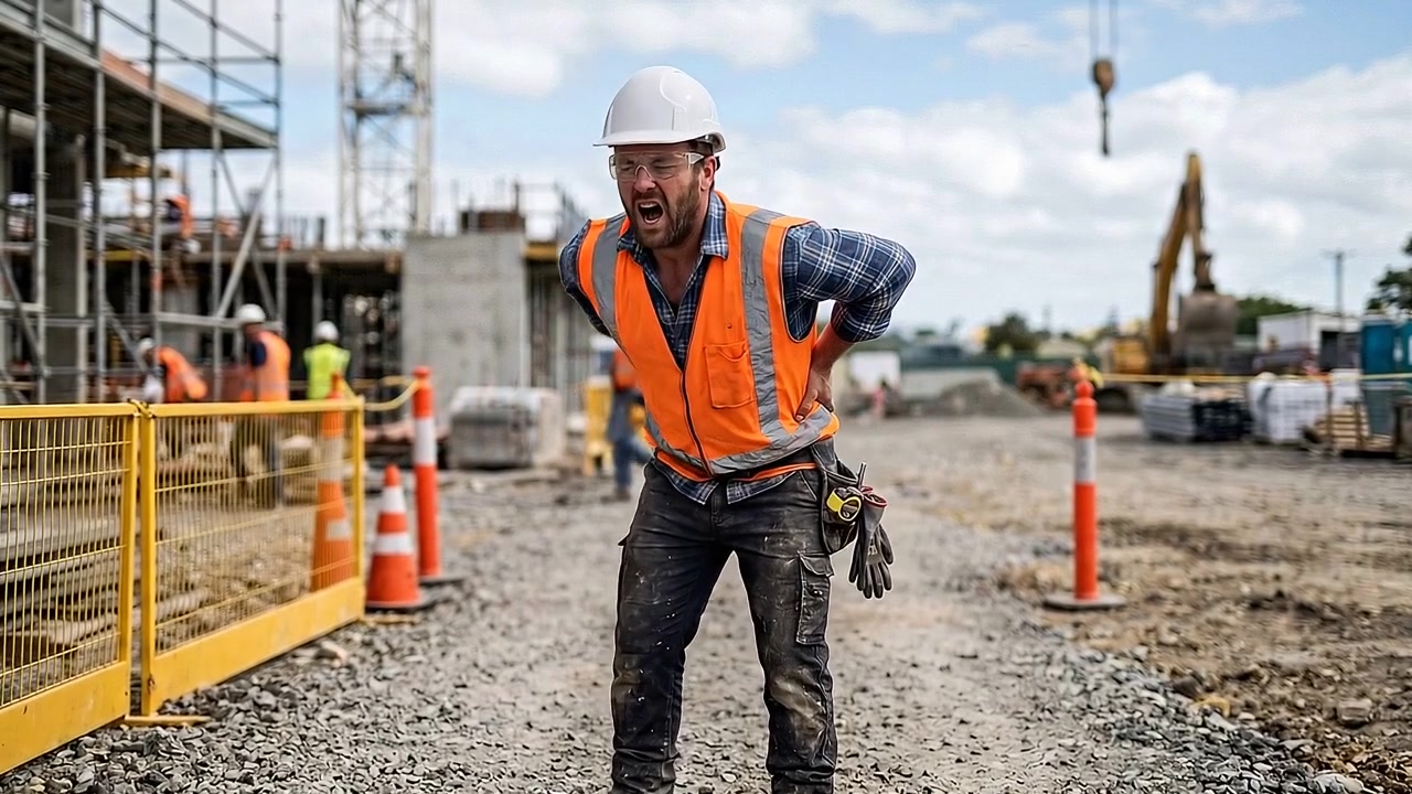 Construction worker clutching lower back at roadwork site with safety barriers