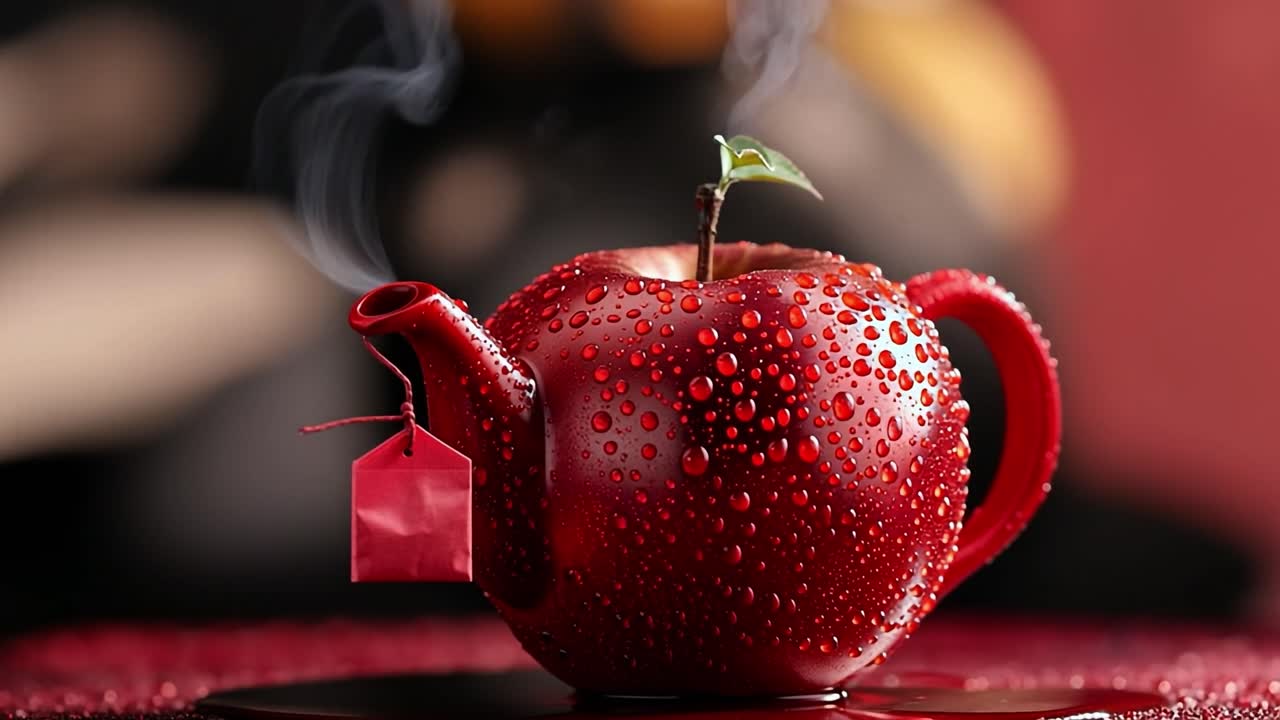 Creative teapot shaped like an apple. A unique red apple-shaped teapot with steam rising, located on a stylish black background, showcasing artistic design.