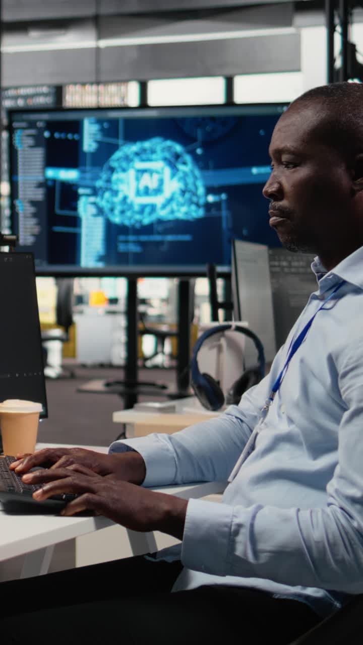 Vertical video Software developers in startup office work with artificial intelligence