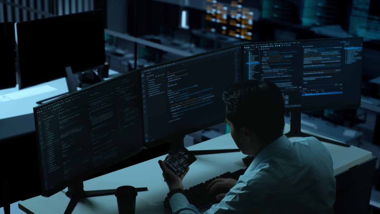 Side View Of Asian Man Developer Working With Mobile Phone While Write Code With Multiple Computer Screens In The Office