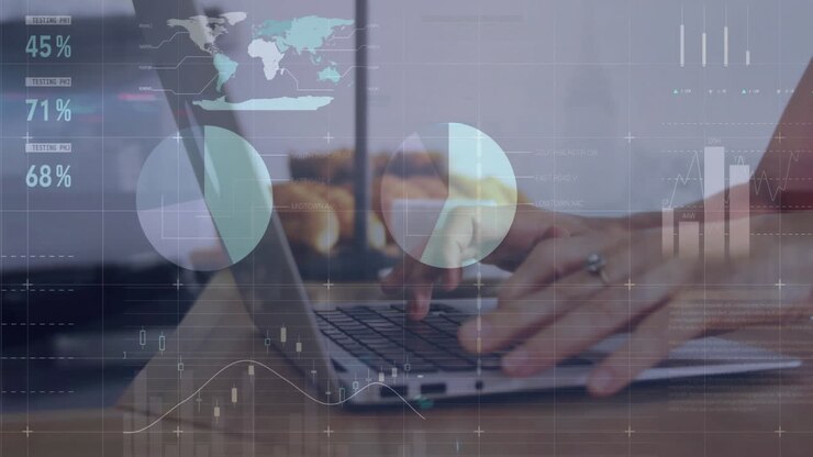 Animation of charts and processing data over hands of caucasian woman using laptop